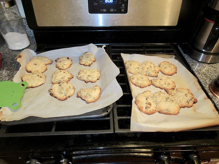 Chocolate chip cookies on a baking tray.